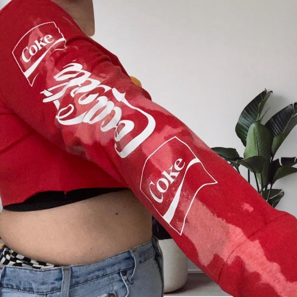 Coca Cola Reworked Cropped Long Sleeve Tee Bleached Red Medium - Picture 2 of 8